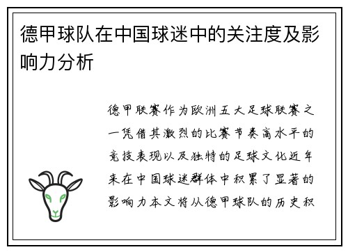 德甲球队在中国球迷中的关注度及影响力分析